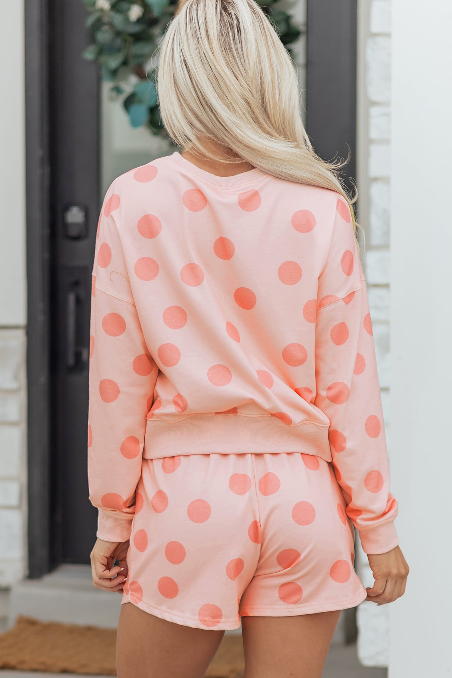 Pink Polka Dot Print Drop Shoulder Pullover Drawstring Shorts Set