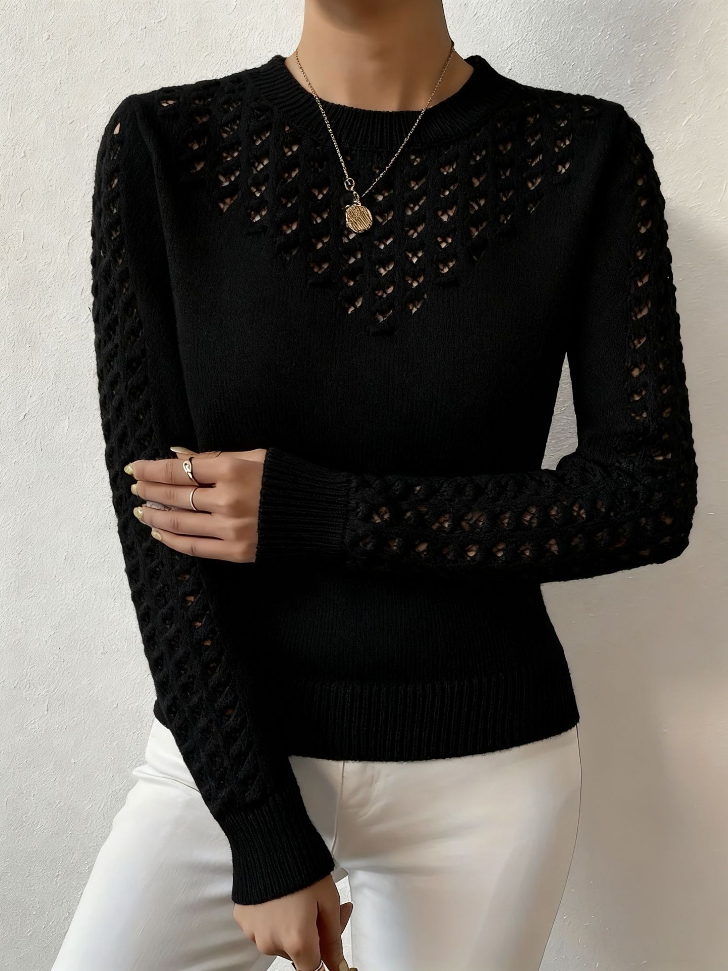 Womens Hollow-Out Knitted Sweater With A Crew Neck And Long Sleeves, Slim-Fit Design