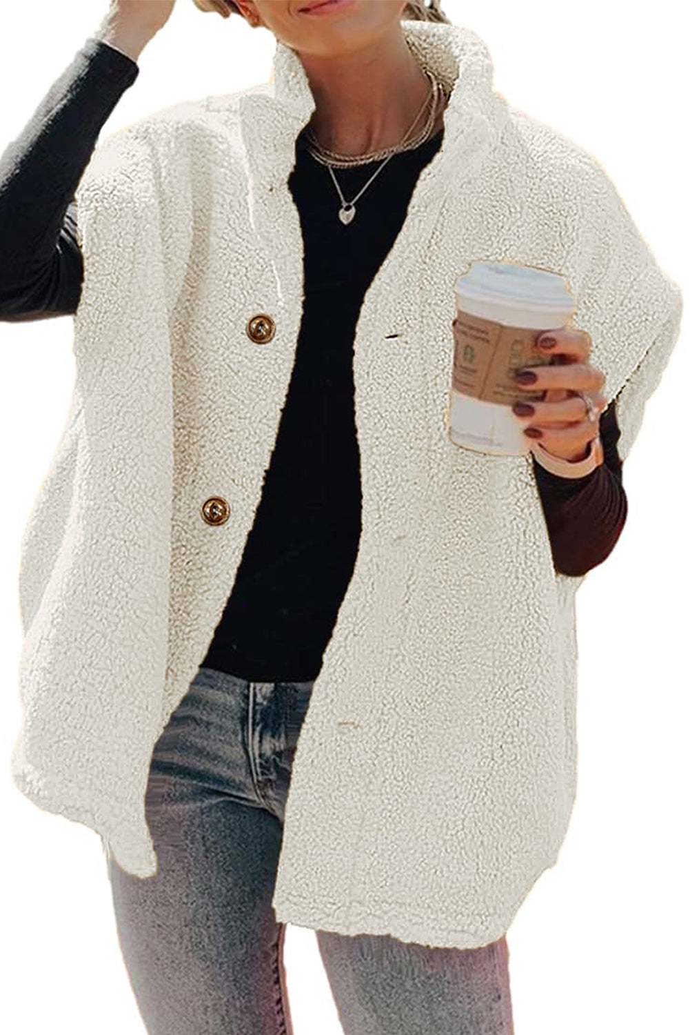 Cappotto gilet con colletto alla coreana con maniche in sherpa nero