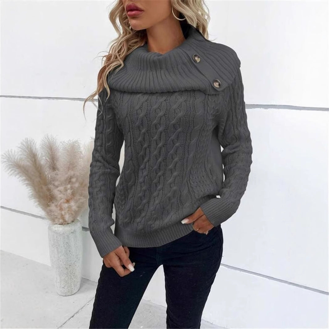 Twisted Knitted Turtleneck Buttons Raglan Sleeve Sweater