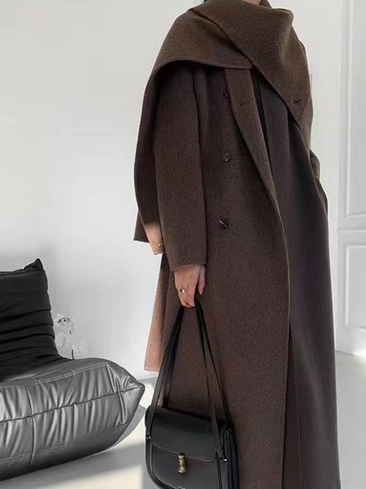 Cappotti con cintura in lana double face da donna autunno e inverno nuovo collo a sciarpa con collo a scialle doppiopetto tinta unita
