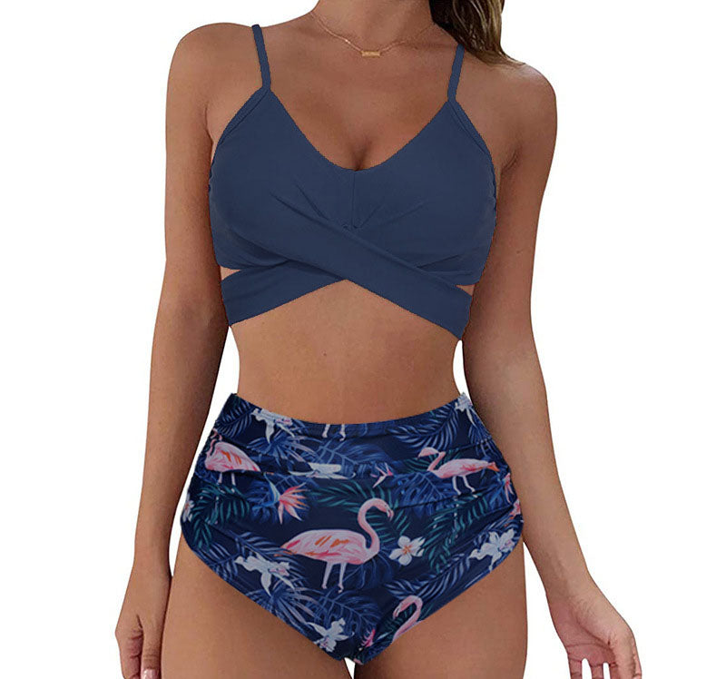 European and American swimsuit women's sexy solid color split bikini lace up high waisted leopard print cross tight swimsuit