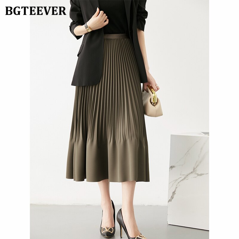 BGTEEVER Stylish High Waist Female Pleated Skirts Spring Summer Loose Women Midi Skirts Elegant Ladies A-line Skirts