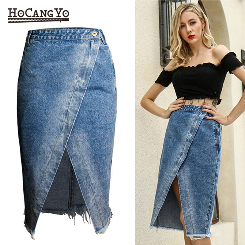 Women Midi Skirts High Waist Large Size Cotton Jeans Skirt Women Casual Tassels Washed Denim Skirts Sexy Split MIDI Skirt