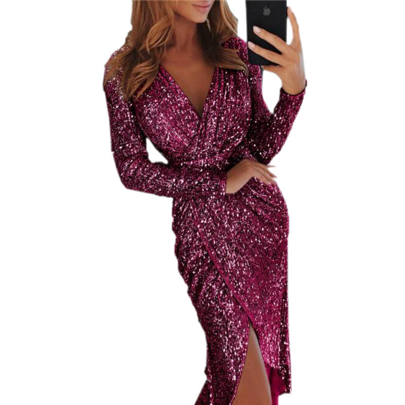 Dress Dress Long Sleeve V-Neck Sequin Dinner Dress Sexy Bar Dress