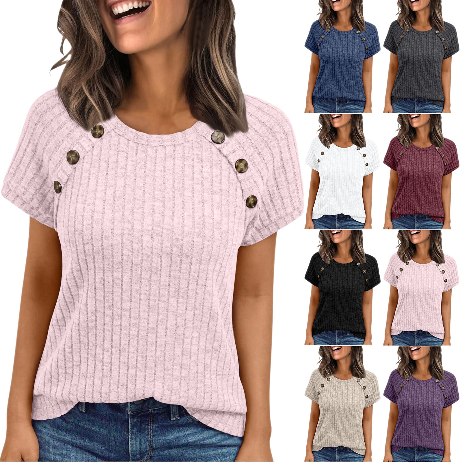 Knitted Short-Sleeve Top Womens Crew-Neck Buttoned Design Slim-Fit T-Shirt