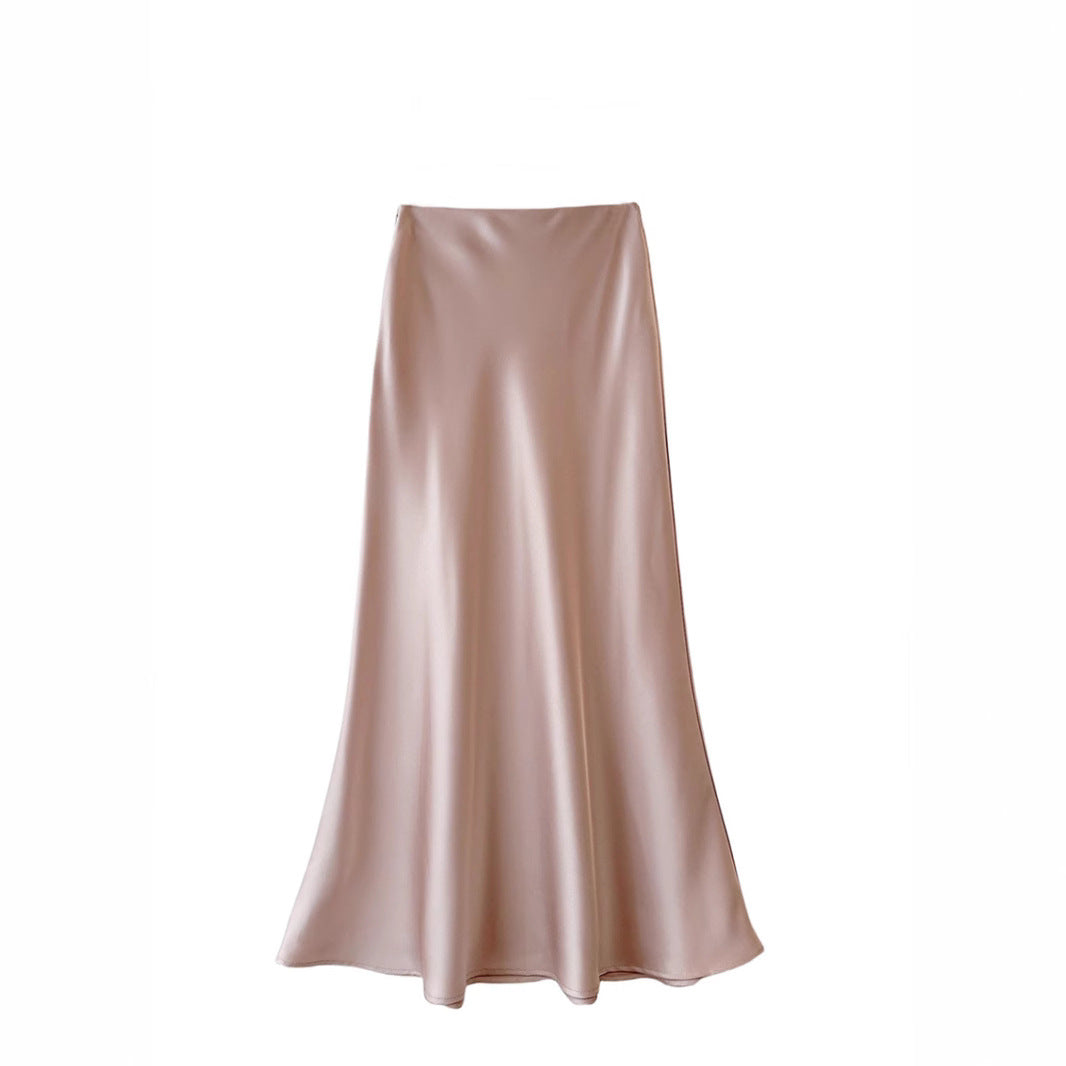 High Waist Mid-length Satin Acetate Silky Skirt