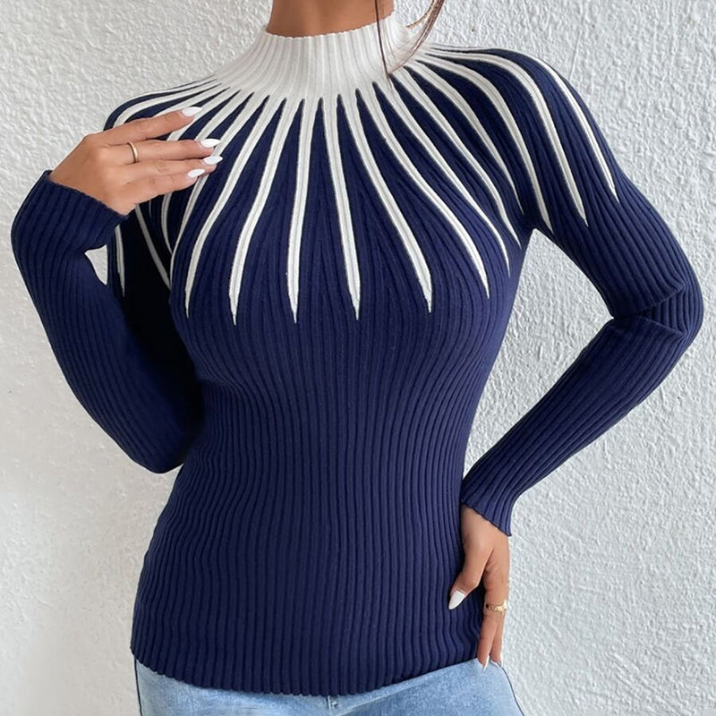 Women's Slim Fit Mock Neck Sweater, Ribbed Striped Long Sleeve Knit For Fall Winter 2025