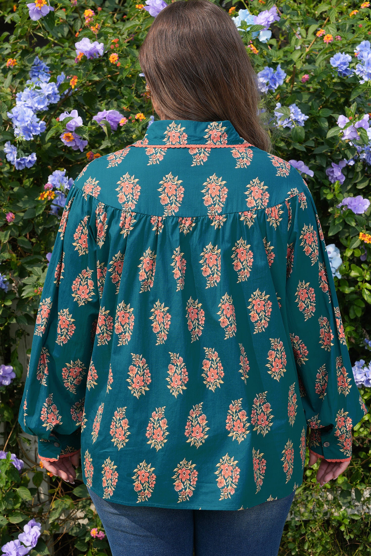 Green Plus Size Floral Print Contrast Lacy Trim Pleated Loose Shirt
