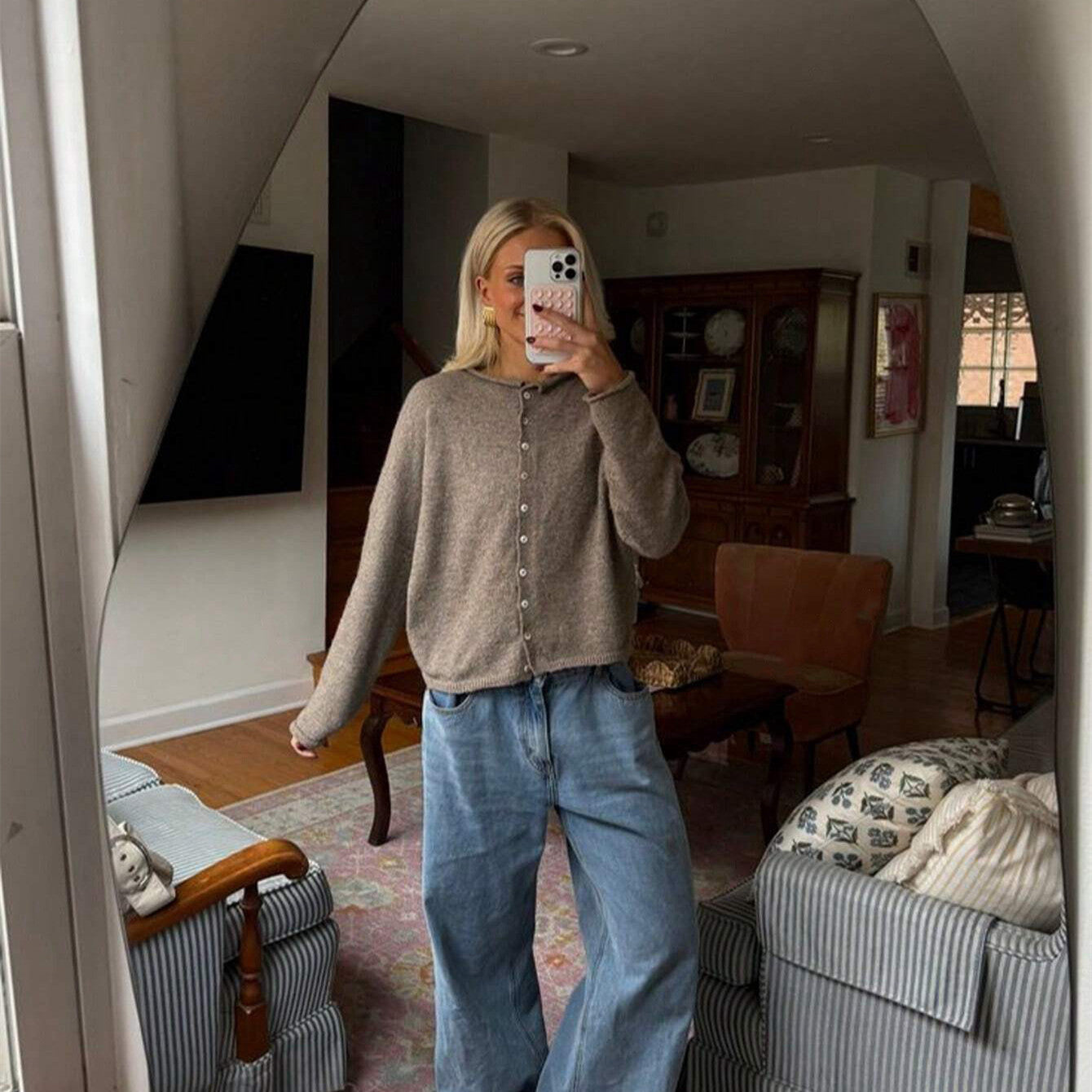 Women's Long Sleeve Solid Color Knitted Cardigan