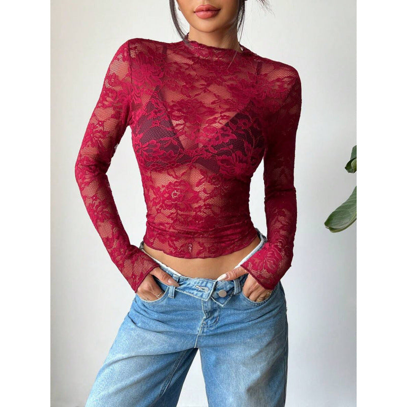Women's Lace Elastic Peony Print Sheer Sexy Top