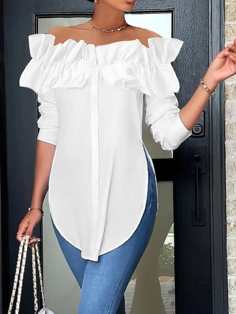 Simple Solid-Color Off-the-Shoulder Ruffle-Trim Shirt Top