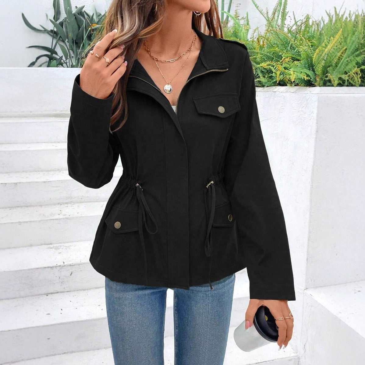 Solid Color Long Sleeve Casual Drawstring Waist Jacket Women