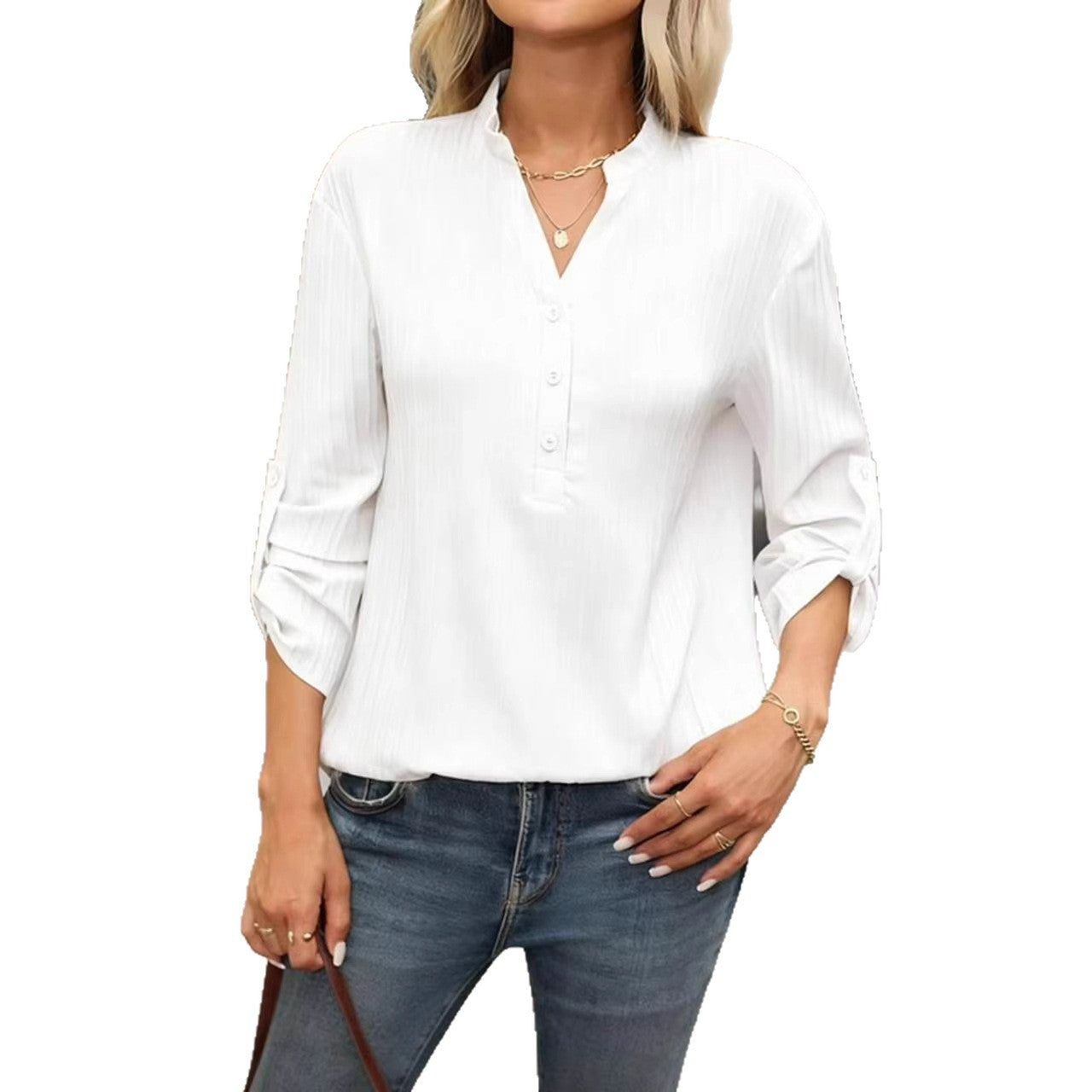 V-neck Partially Open-buttoned Shirt Fashionable And Versatile Top