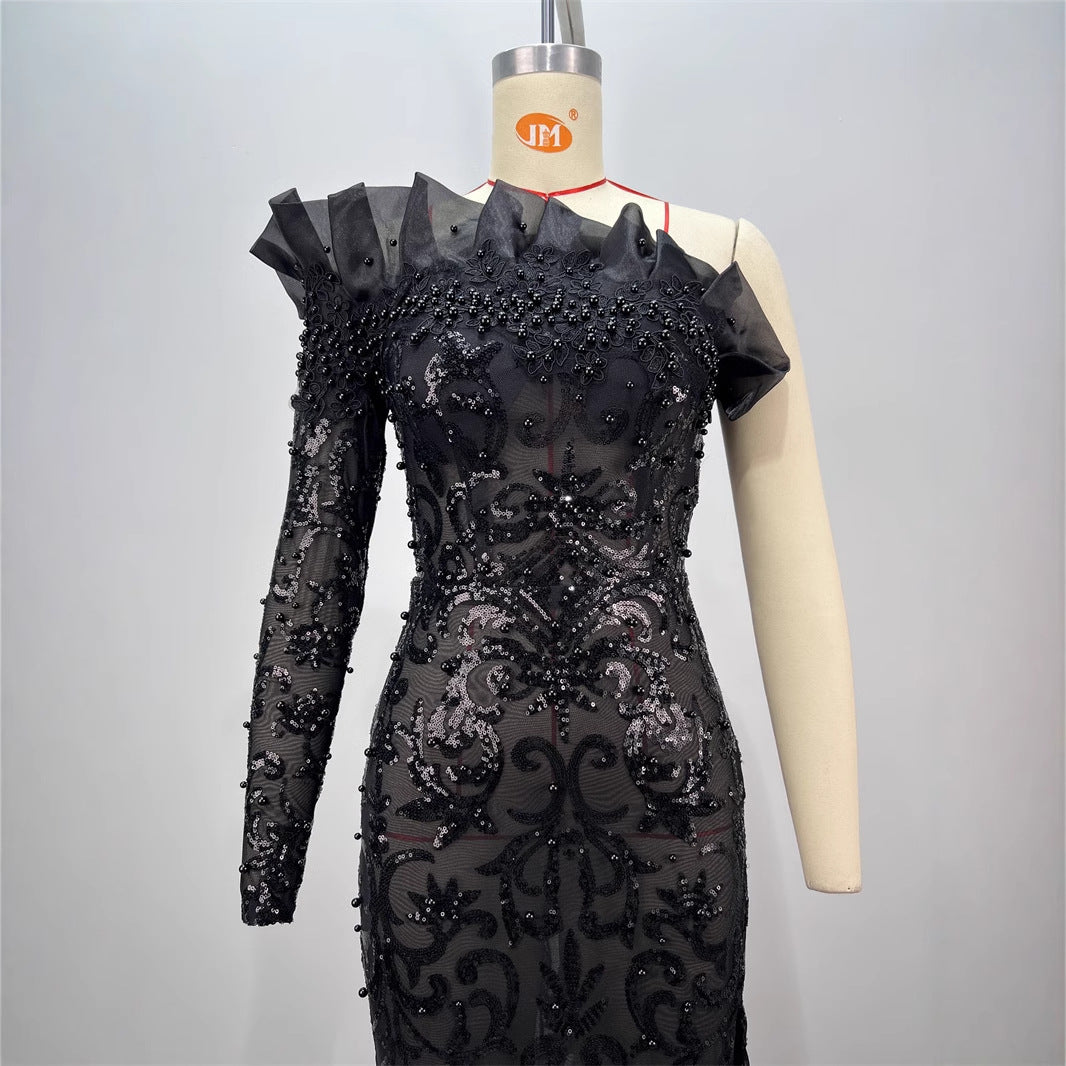 Sexy Sequins Embroidery One Shoulder High Slit Black Dress