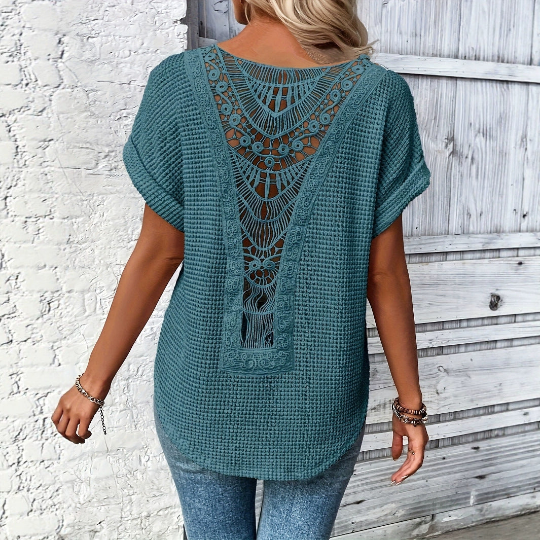 Womens Simple Versatile Lace-Patchwork Crew-Neck Short-Sleeve Top