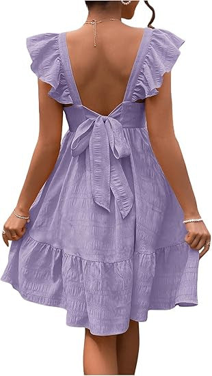 Bohemian Ruffled Backless Dress With A Square Neckline And Shirred Detailing