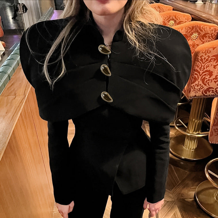 Retro Black Color Pleats Button Slim Top