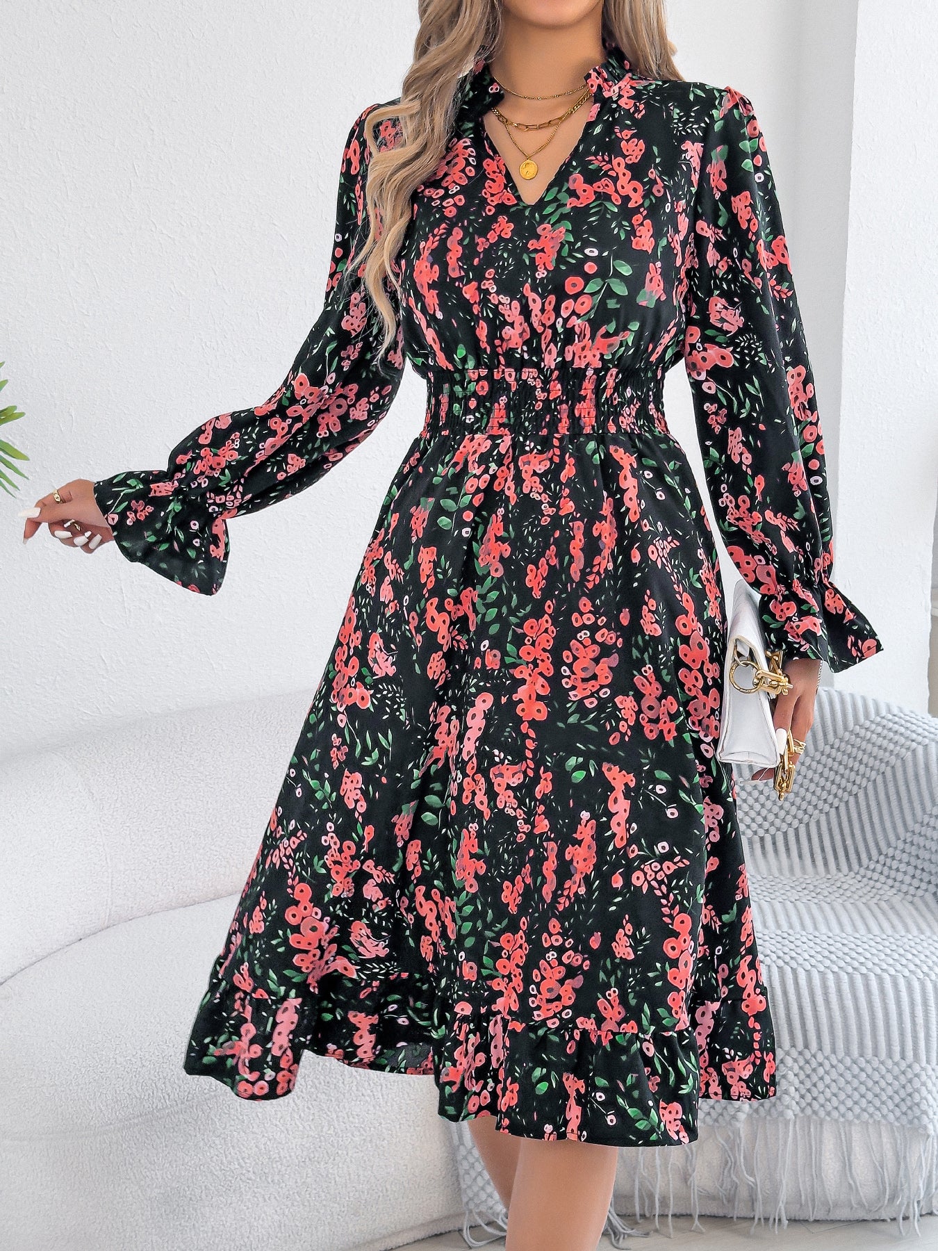 Women's Casual Floral Print Bell Sleeve Tie Waist A-Line Dress