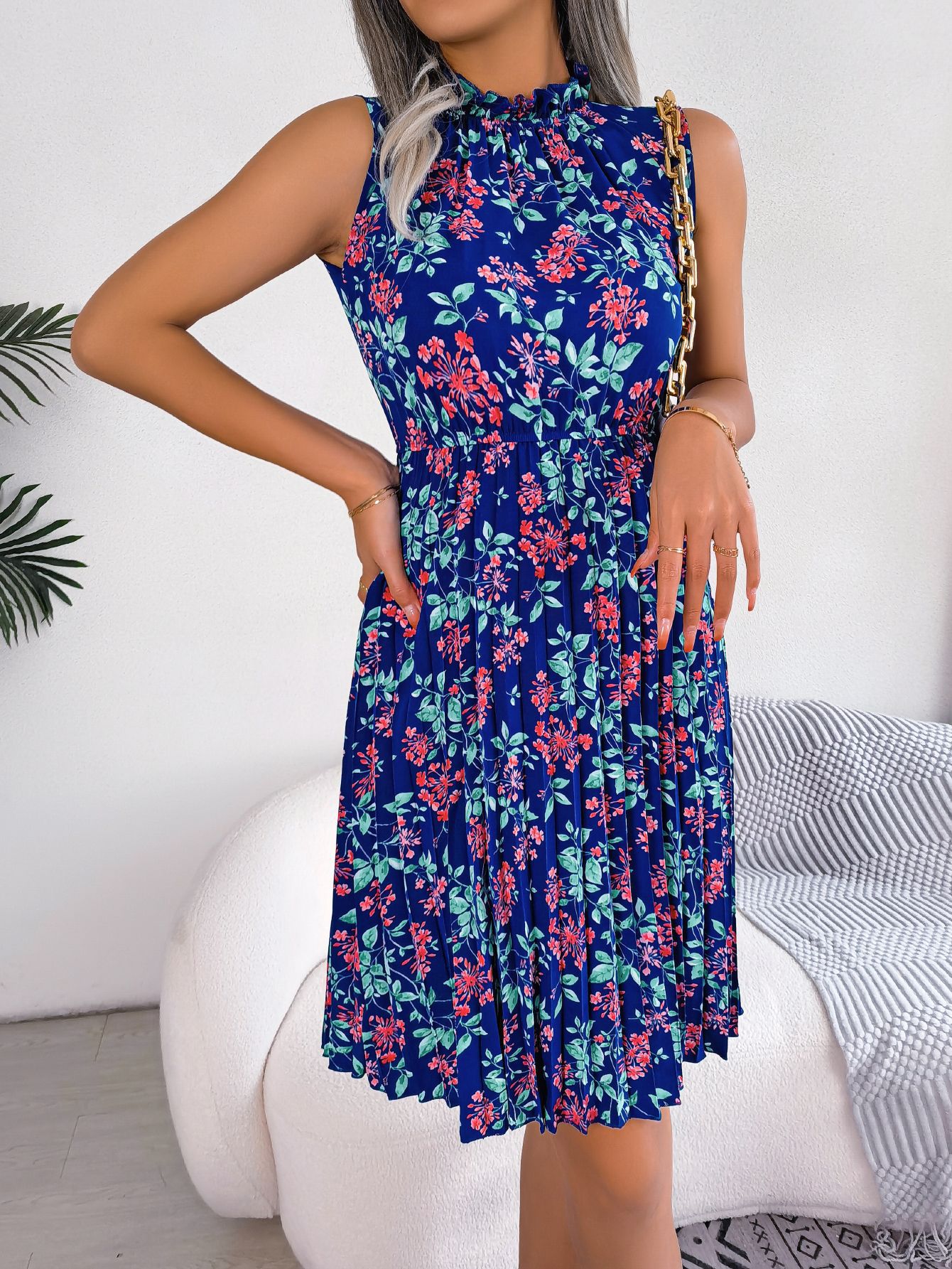 Women Elegant Ruffle Trim Floral Print Tie Waist Pleated Dress