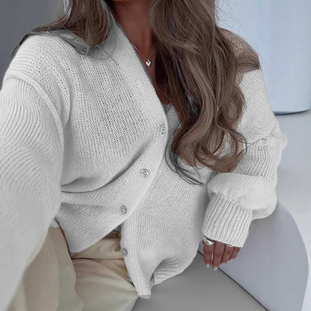 Soft Mohair V-neck Elegant Lazy Style Shell Buckle Lantern Sleeve Sweater