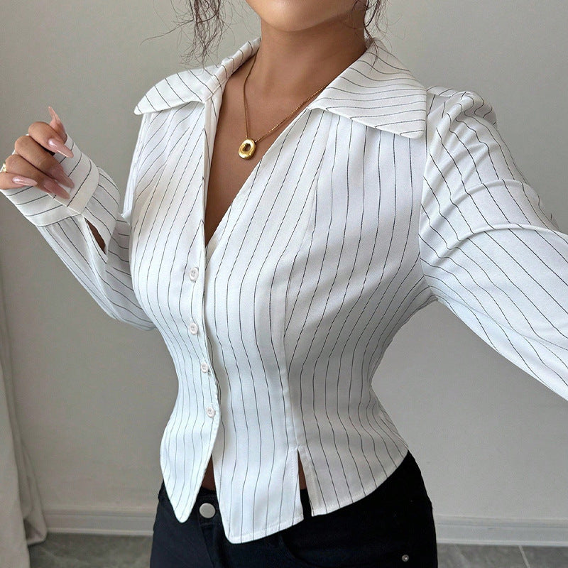 Autumn New Temperament Stripe Long Sleeve Shirt Women's Clothing