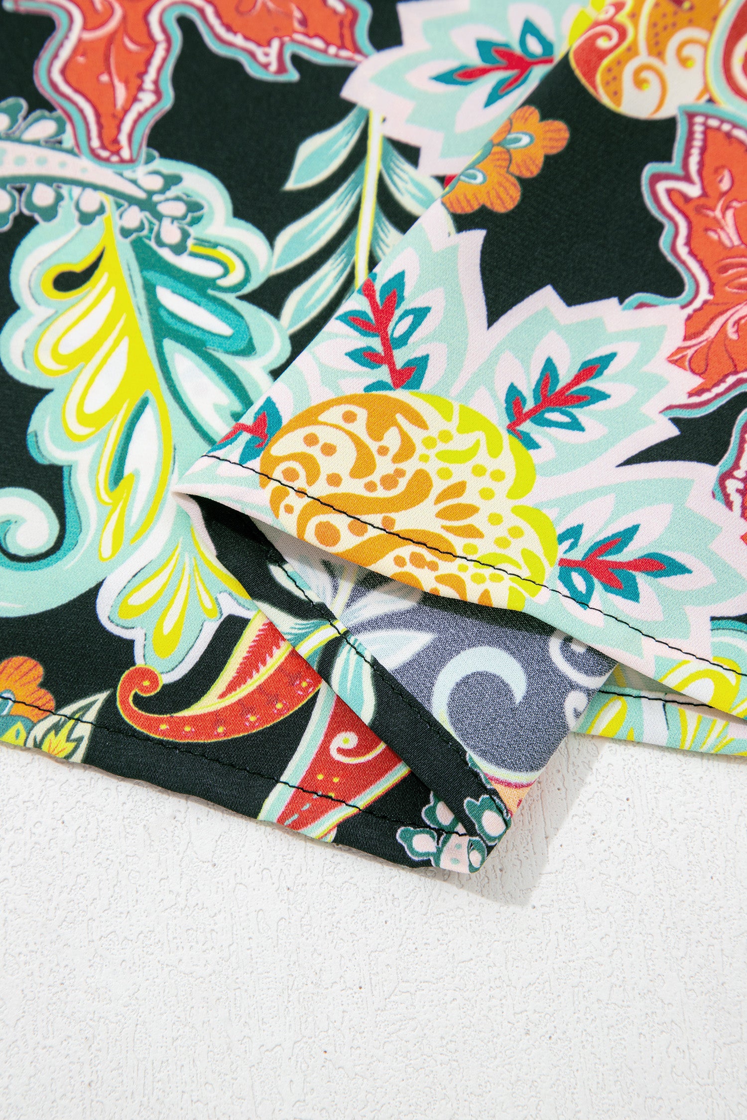 Black Contrast Ricrac Trim Striped Edge Patchwork Floral Print Blouse