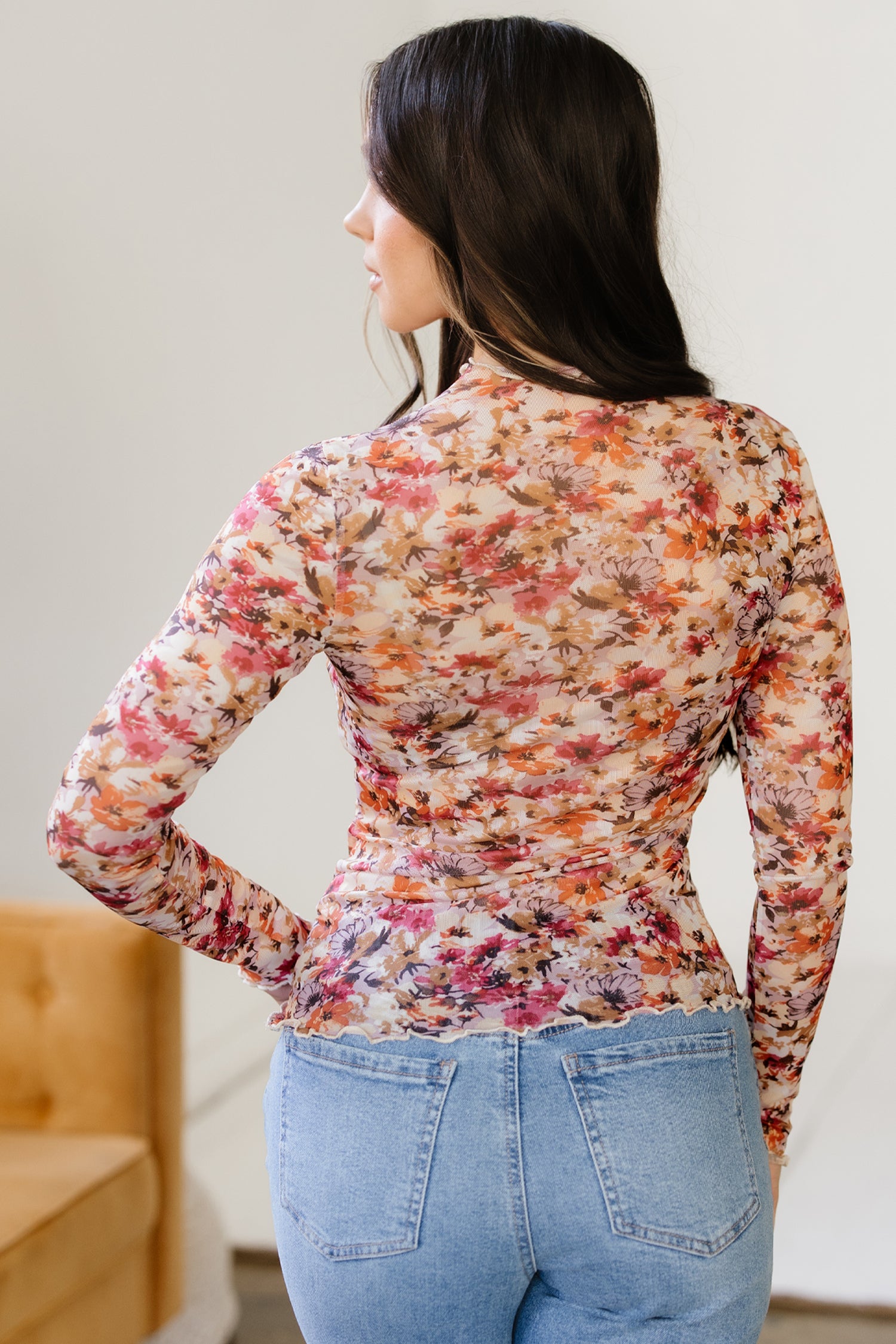 Red Lettuce Trim Floral Print Mesh Long Sleeve Top