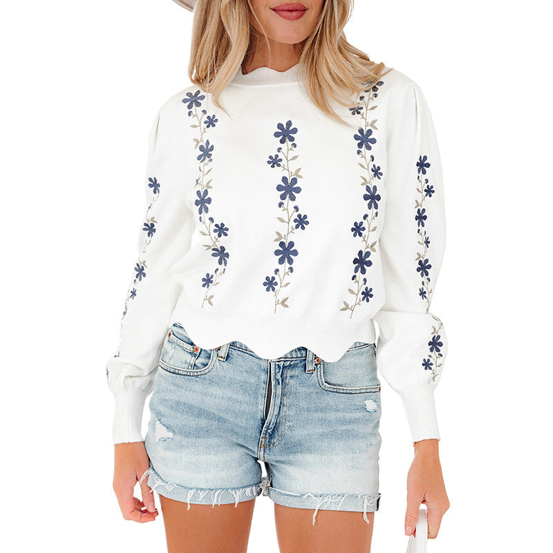 Sweet-style Printed Long-sleeved Pullover Sweater With Irregular Hem