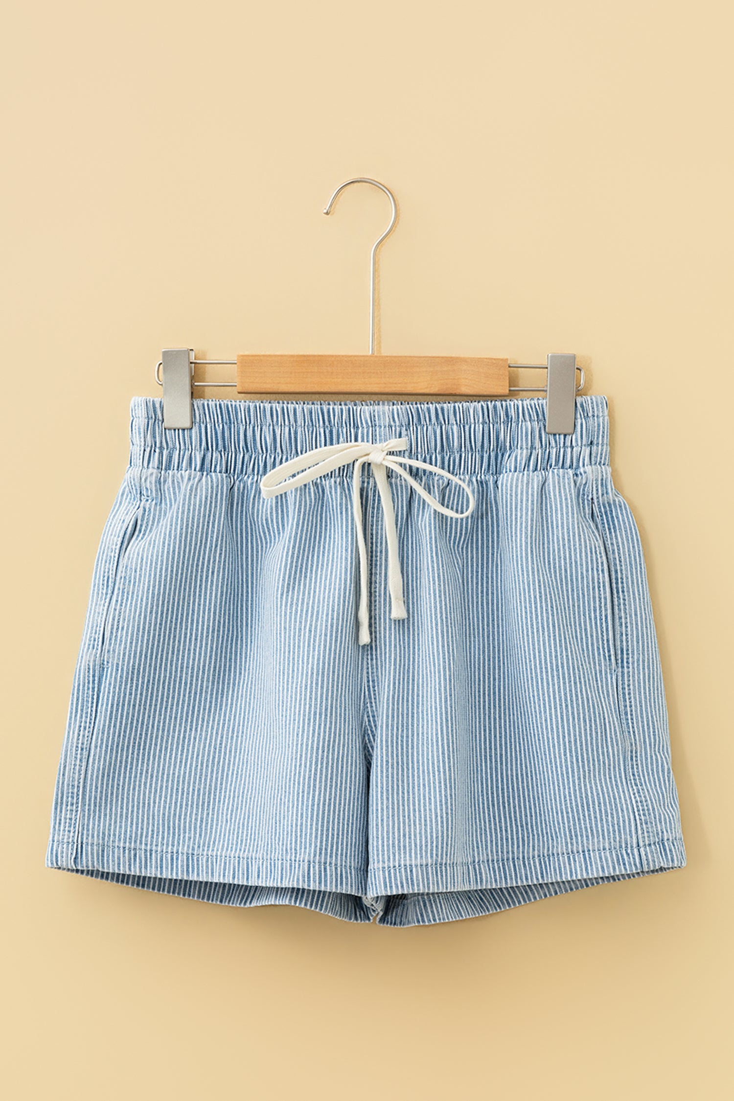 Blue Stripe Drawstring Elastic Waist Casual Denim Shorts