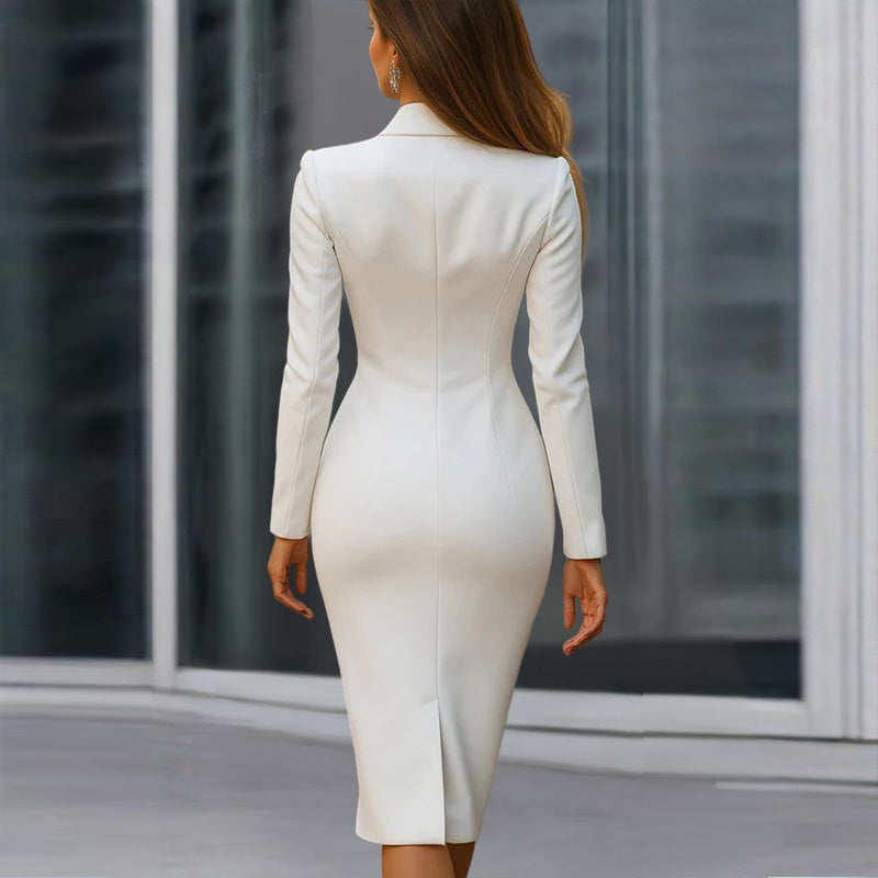 Women's Solid Color Notch Lapel Dress Long Sleeve Button Front Midi Dress For Office & Formal Wear