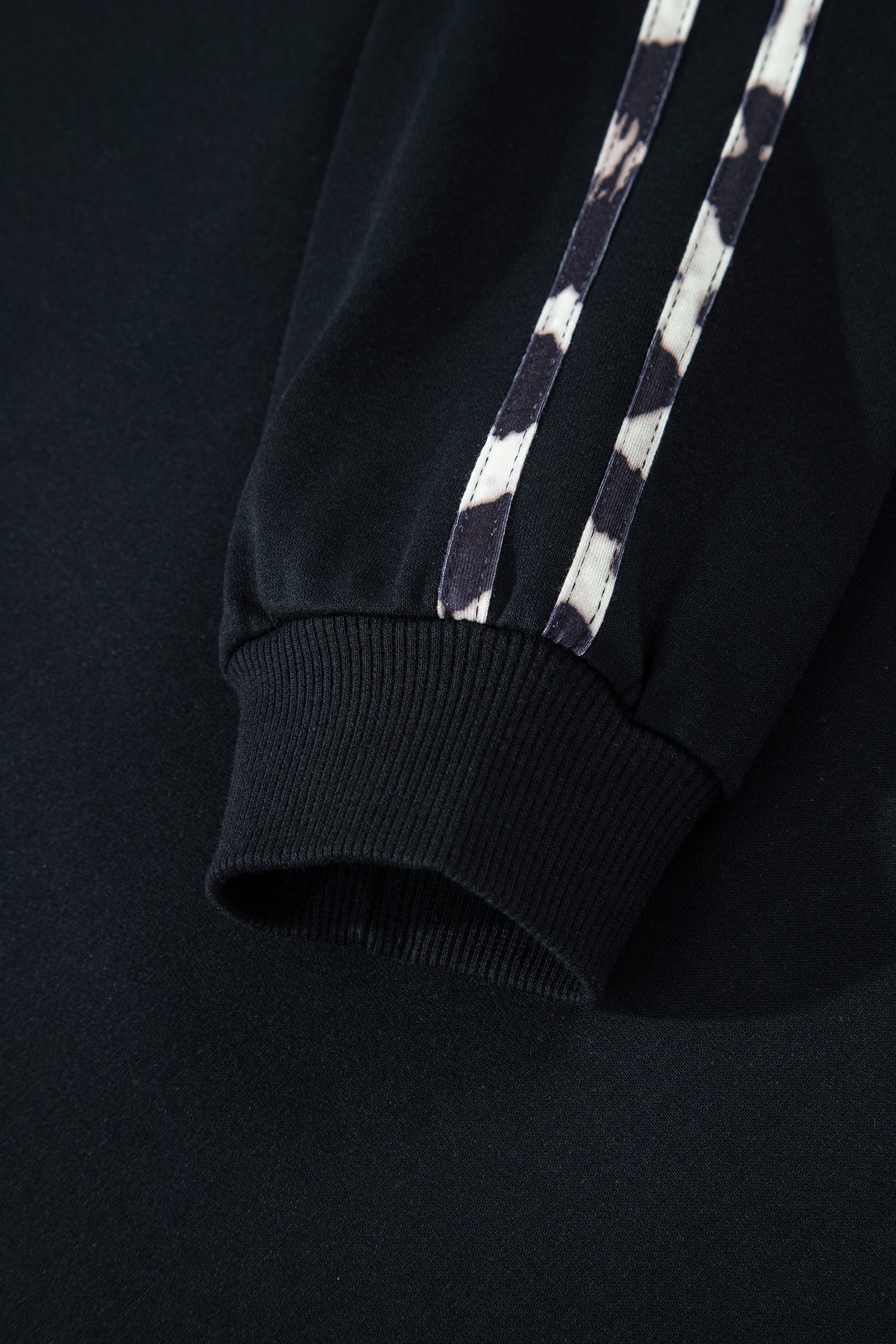 Black Contrast Leopard Trim Casual Sweatshirt Pant Set