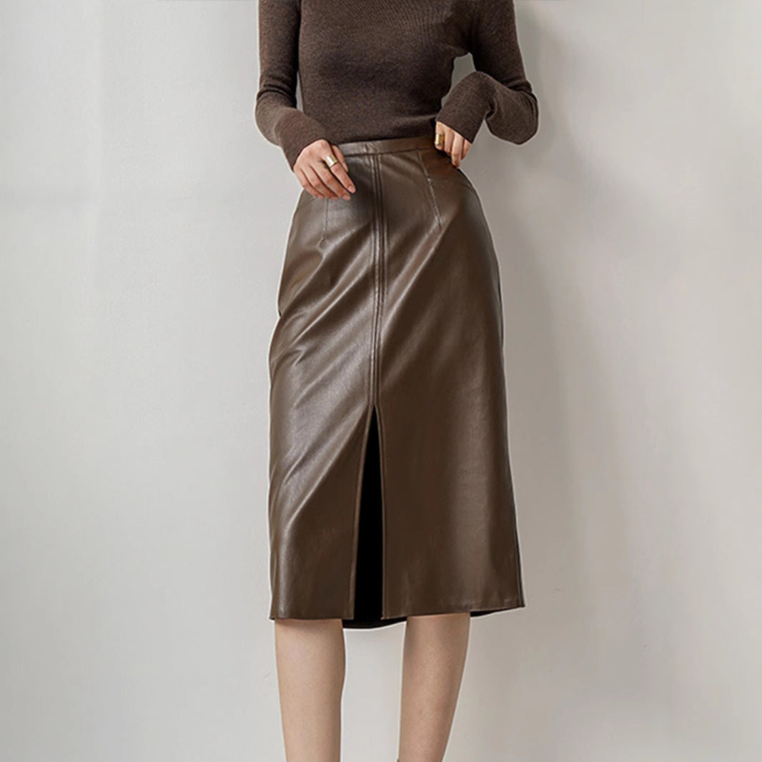 Front Slit Leather Skirt Women's Winter Skirt New