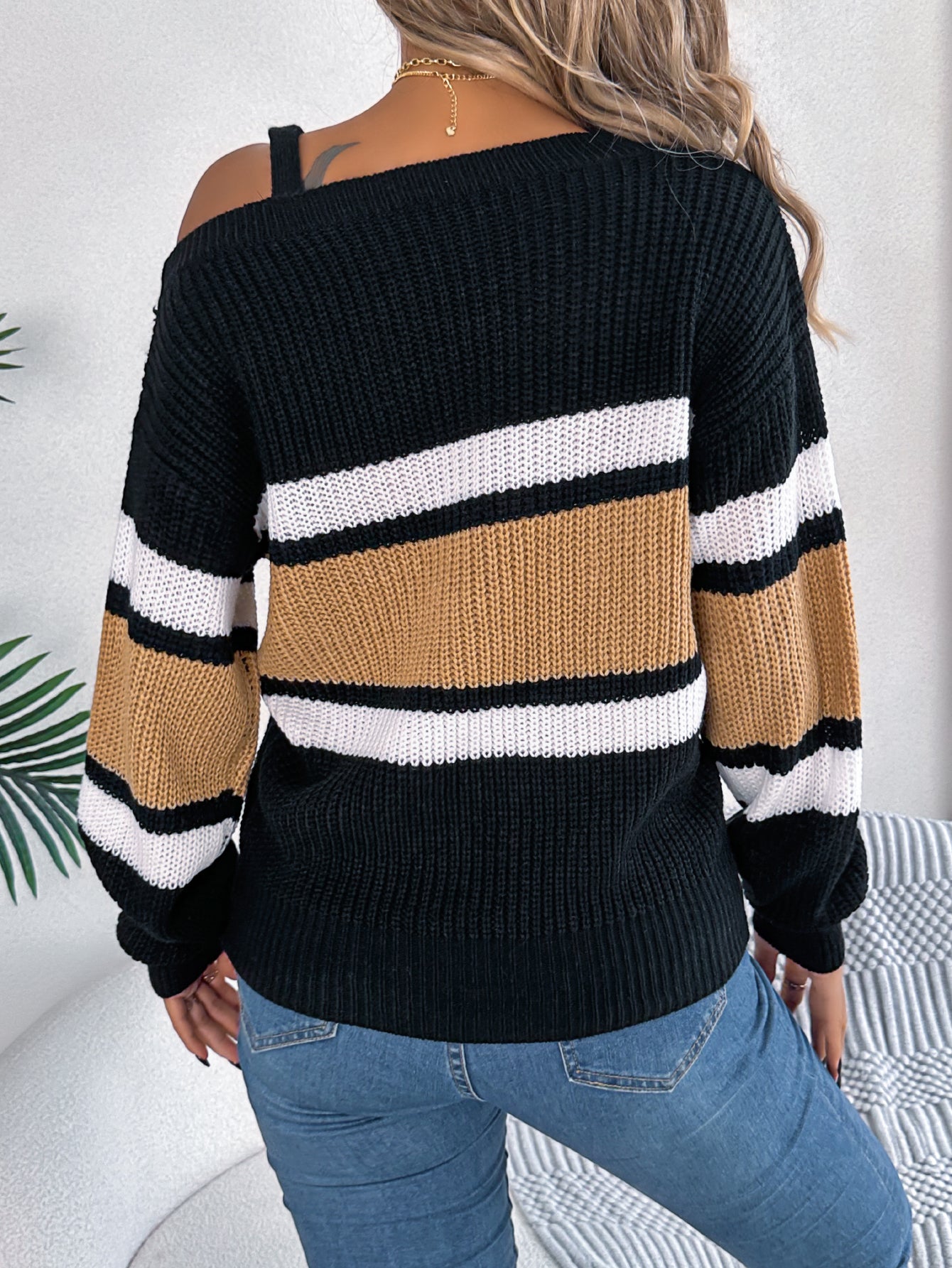 Casual Color Block Striped Lantern Sleeve Metal Button Off-Shoulder Pullover Sweater