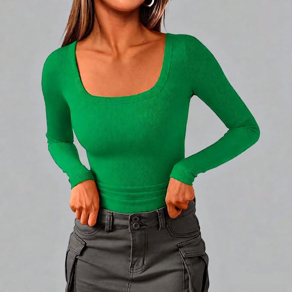 Womens Long Sleeve Square Neck Top With Ribbed Knit For A Slim Casual Fit