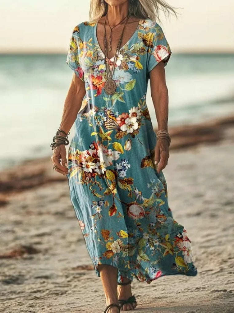 Womens Floral V-Neck Short-Sleeve Dress