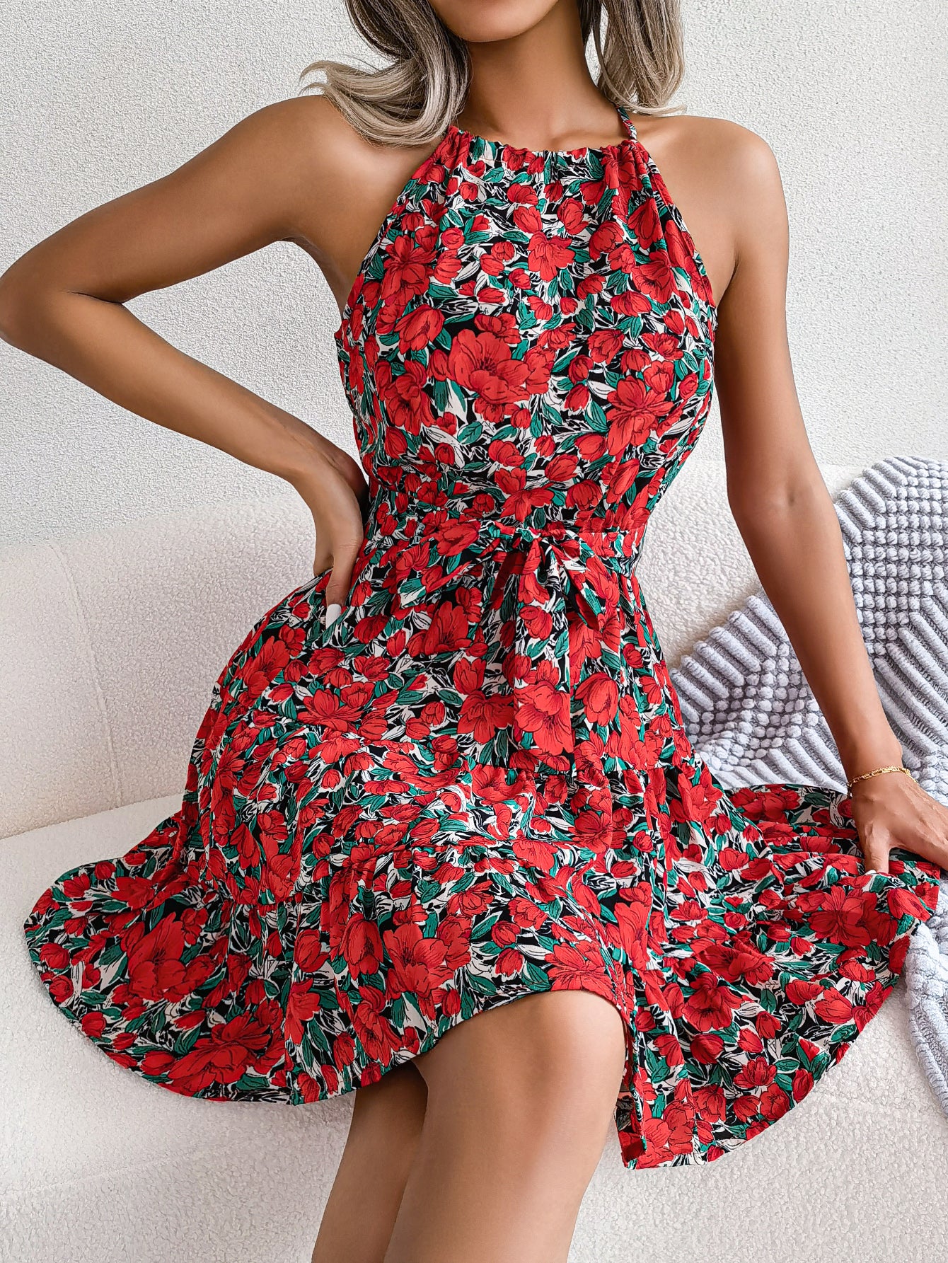 Women Casual Ruffle Hem Flowy Floral Print Vacation Dress