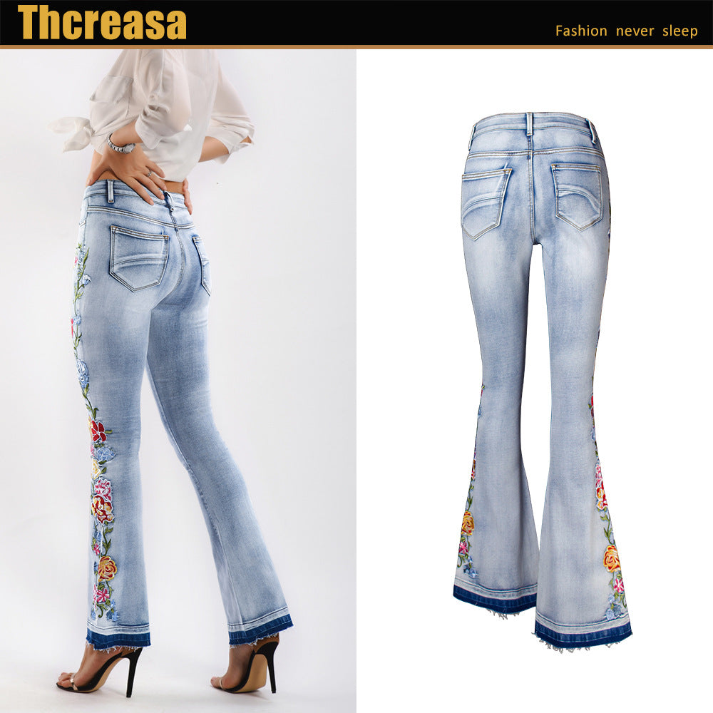 Flared Jeans Women Heavy Industry Three-Dimensional 3D Embroidery Jeans Trousers Flared Pants Large Size Women's Clothing