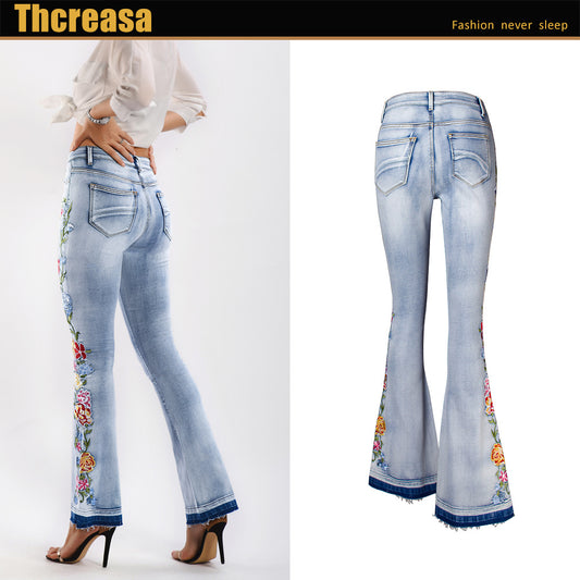 Flared Jeans Women Heavy Industry Three-Dimensional 3D Embroidery Jeans Trousers Flared Pants Large Size Women's Clothing