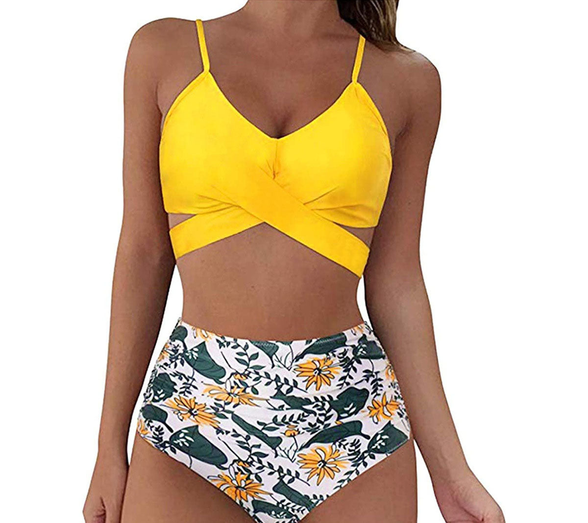 European and American swimsuit women's sexy solid color split bikini lace up high waisted leopard print cross tight swimsuit