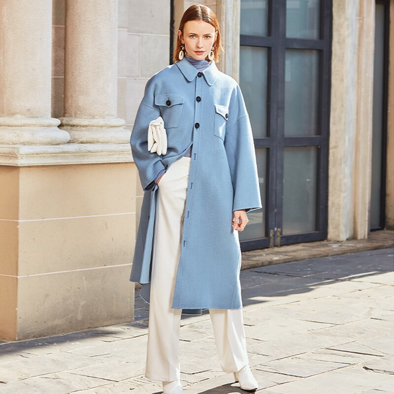 Cappotto invernale in lana doppia AEL da donna Grigio-blu Cappotto lungo a maniche larghe retrò moda sciolto da donna