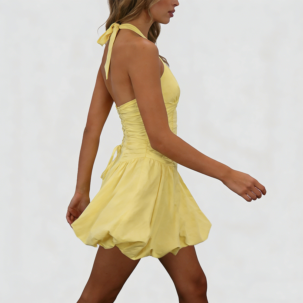 Women's Fashion Deep V Backless Halter Neck Tie Ribbon Bow Bubble Mini Dress