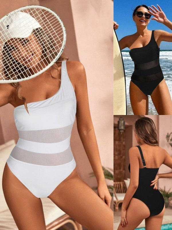 One piece swimsuit for high-end belly covering and slimming women, tight fitting mesh one-piece swimsuit