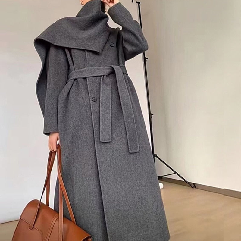 Cappotti con cintura in lana double face da donna autunno e inverno nuovo collo a sciarpa con collo a scialle doppiopetto tinta unita