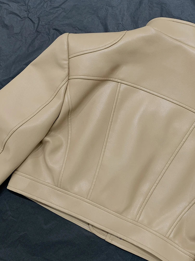 Solid Patchwork Zipper Casual Slimming Leather Coats For Women Stand Collar Long Sleeve Minimalist Coat Female