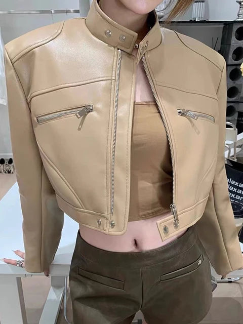 Solid Patchwork Zipper Casual Slimming Leather Coats For Women Stand Collar Long Sleeve Minimalist Coat Female