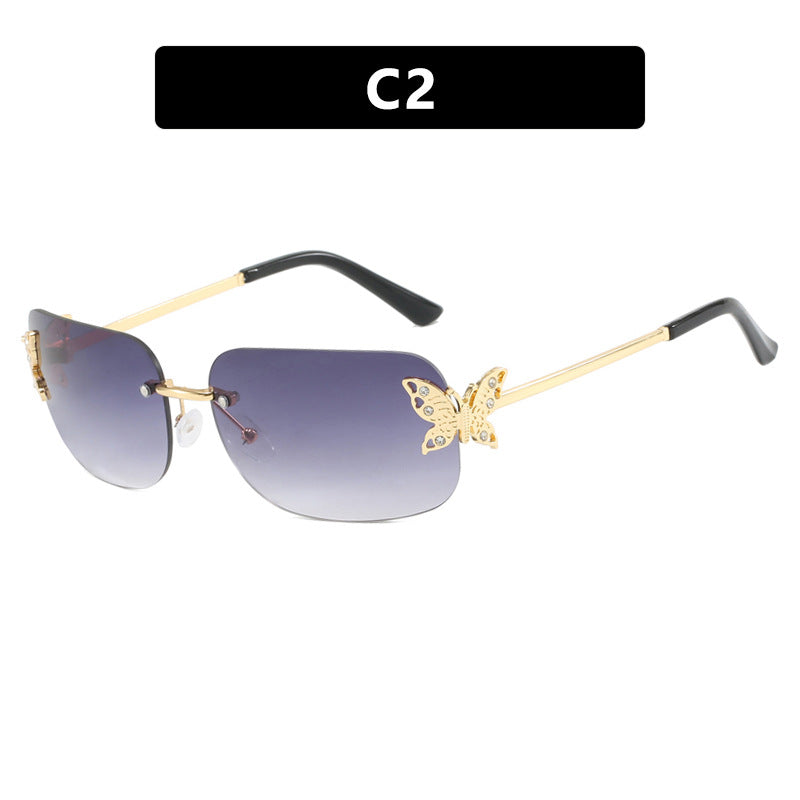 Frameless rectangular butterfly retro women's internet famous street photography diamond studded sunglasses