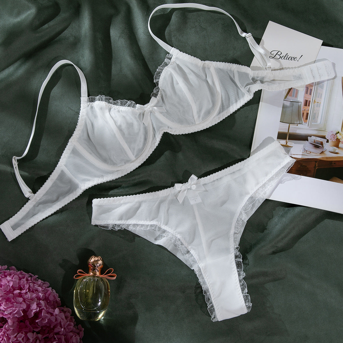 Sexy Mesh Hollow-out Bra Set with Butterfly Knot for Pure Desire Girls - Three-Piece Lingerie Suit