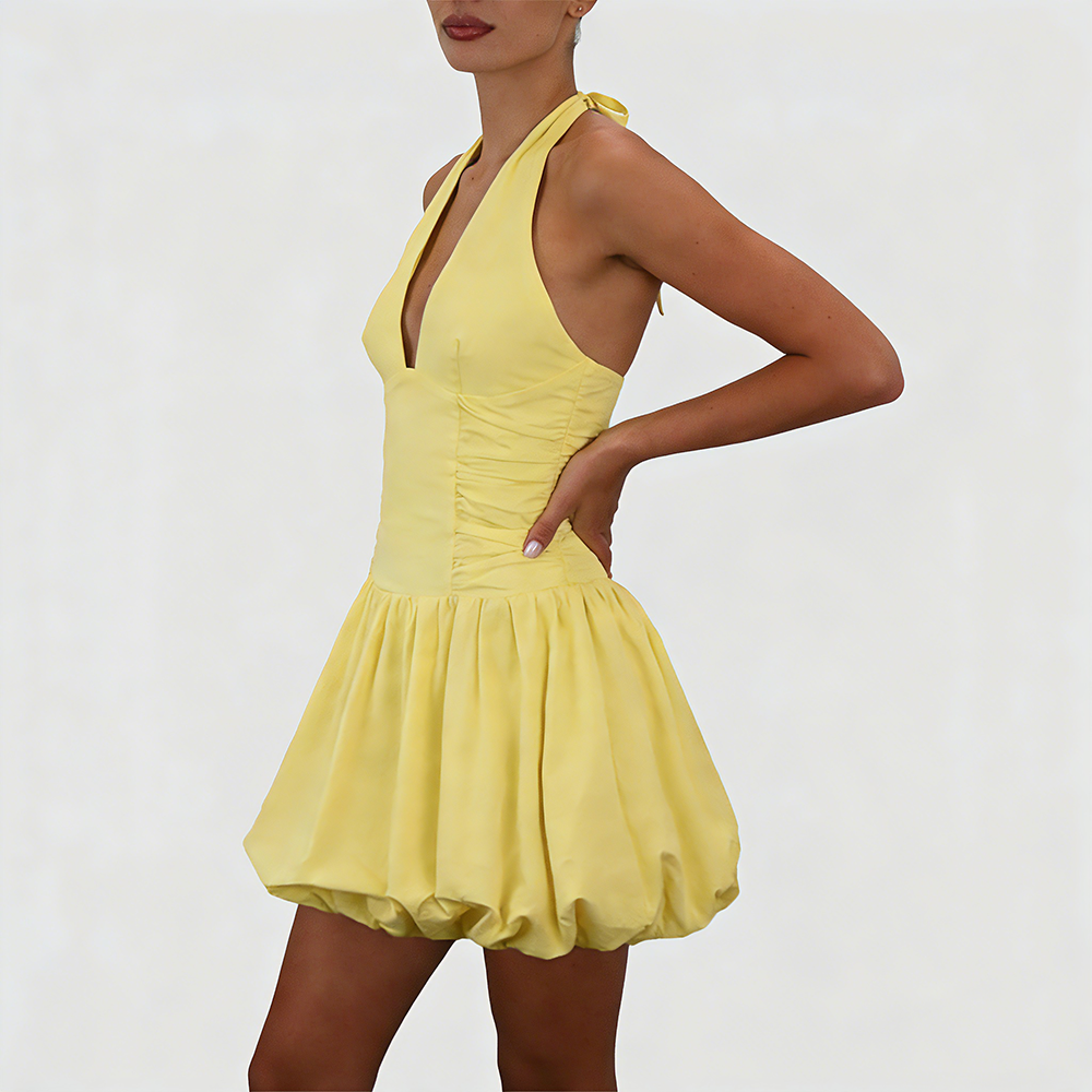 Women's Fashion Deep V Backless Halter Neck Tie Ribbon Bow Bubble Mini Dress