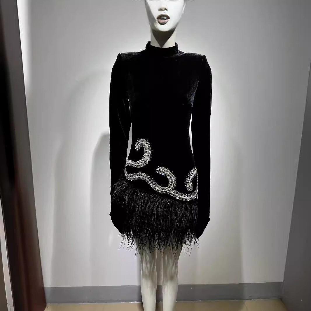 Diamond Feather Skirt Black Shoulder Padded Short Dress Fashionable Retro Banquet Performance Dress